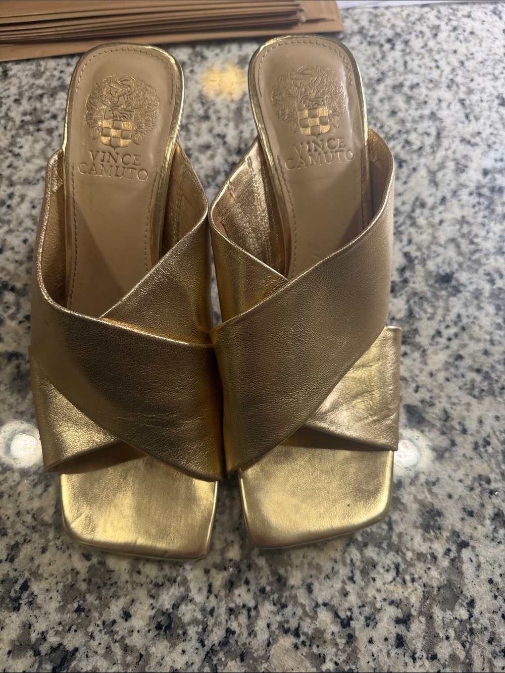 Vince Camuto Metallic Gold Crisscross Mule Slides